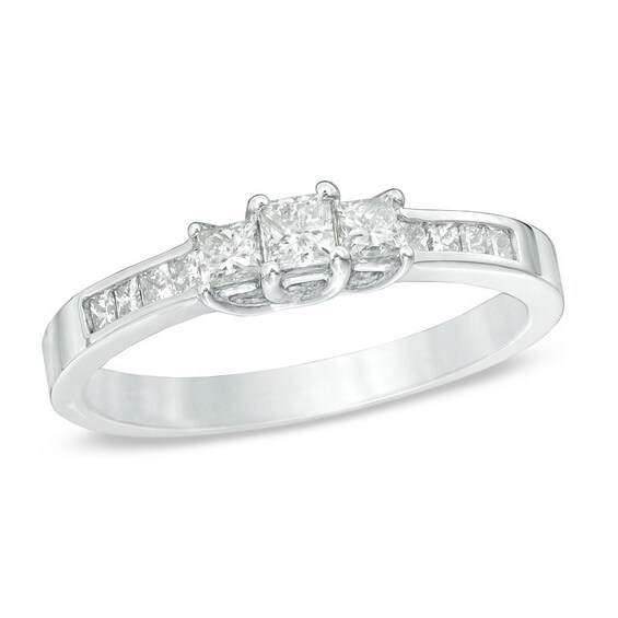 Previously Owned - 1/2 CT. T.w. Princess-Cut Diamond Three Stone Engagement Ring in 10K White Gold