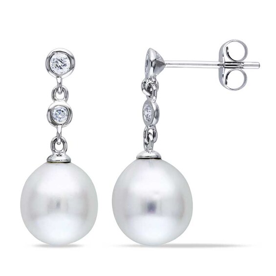Previously Owned-9.0-9.5mm South Sea Cultured Pearl and 1/5 CT. T.w. Diamond Earrings in 14K White Gold