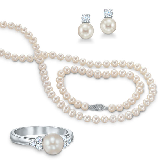 Previously Owned-6.5-7.0mm Freshwater Cultured Pearl and Lab-Created White Sapphire Jewelry Set