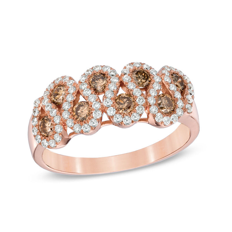 Main Image 1 of Previously Owned - 7/8 CT. T.W. Champagne and White Diamond Double Row Ribbon Ring in 14K Rose Gold