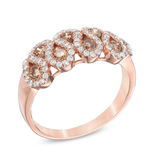 Previously Owned - 7/8 CT. T.w. Champagne and White Diamond Double Row Ribbon Ring in 14K Rose Gold