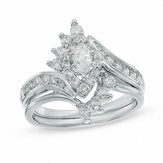Previously Owned - 1 CT. T.w. Marquise Diamond Frame Bridal Set in 14K White Gold