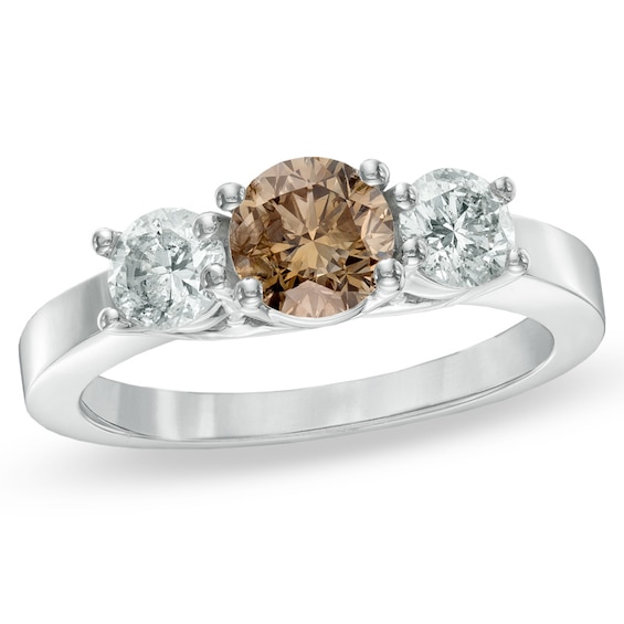 Previously Owned - 1-1/2 CT. T.w. Enhanced Champagne and White Diamond Three Stone Ring in 14K White Gold