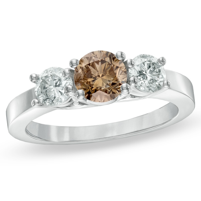 Main Image 1 of Previously Owned - 1-1/2 CT. T.W. Enhanced Champagne and White Diamond Three Stone Ring in 14K White Gold