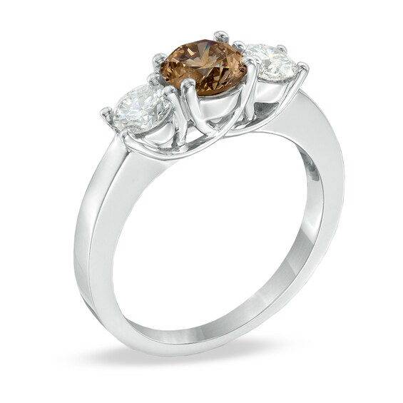 Previously Owned - 1-1/2 CT. T.w. Enhanced Champagne and White Diamond Three Stone Ring in 14K White Gold