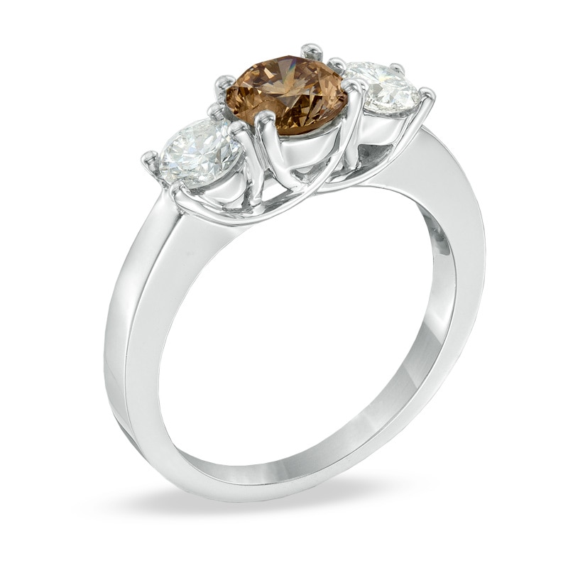 Main Image 2 of Previously Owned - 1-1/2 CT. T.W. Enhanced Champagne and White Diamond Three Stone Ring in 14K White Gold
