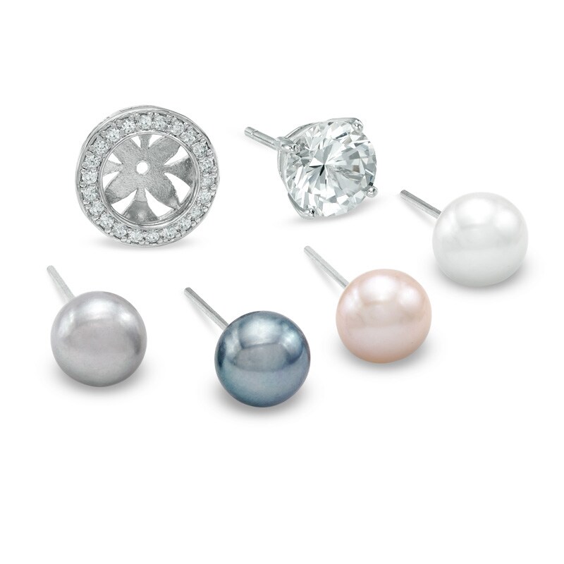 Main Image 1 of Previously Owned-6.5mm Lab-Created White Sapphire and Freshwater Cultured Pearl Earrings and Jacket Set