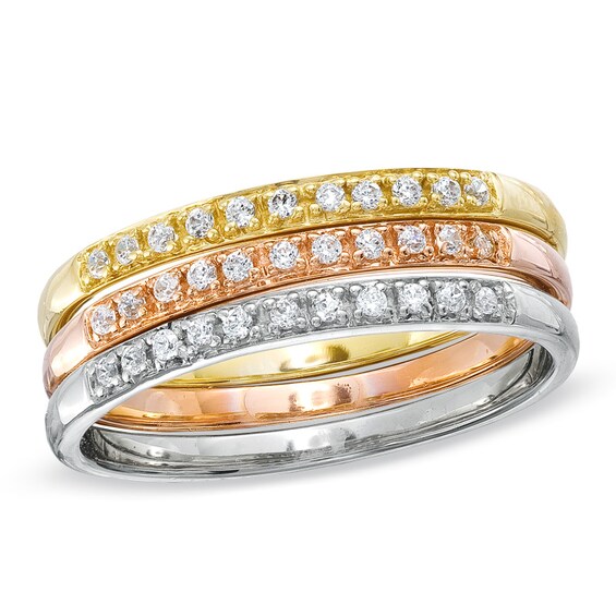 Previously Owned - 1/4 CT. T.W. Diamond Stacked Three Ring Set in 10K Tri-Tone Gold Previously Owned - 1/4 CT. T.W. Diamond Stacked Three Ring Set in 10K Tri-Tone Gold