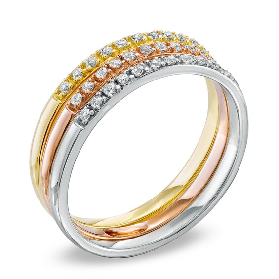 Previously Owned - 1/4 CT. T.W. Diamond Stacked Three Ring Set in 10K Tri-Tone Gold Previously Owned - 1/4 CT. T.W. Diamond Stacked Three Ring Set in 10K Tri-Tone Gold