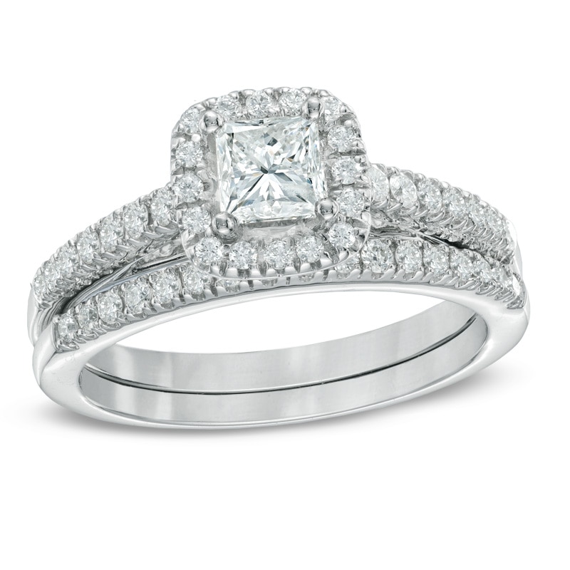 Main Image 1 of Previously Owned - 1 CT. T.W. Princess-Cut Diamond Frame Bridal Set in 14K White Gold
