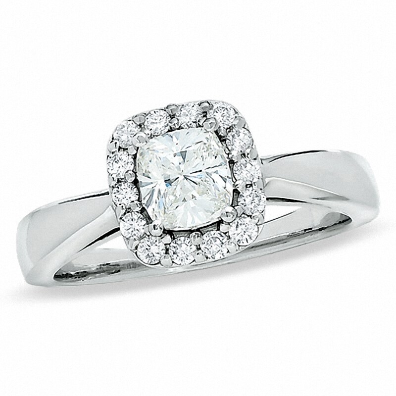 Main Image 1 of Previously Owned - Celebration Lux® 1 CT. T.W. Cushion-Cut Diamond Framed Engagement Ring in 18K White Gold (H/SI2)