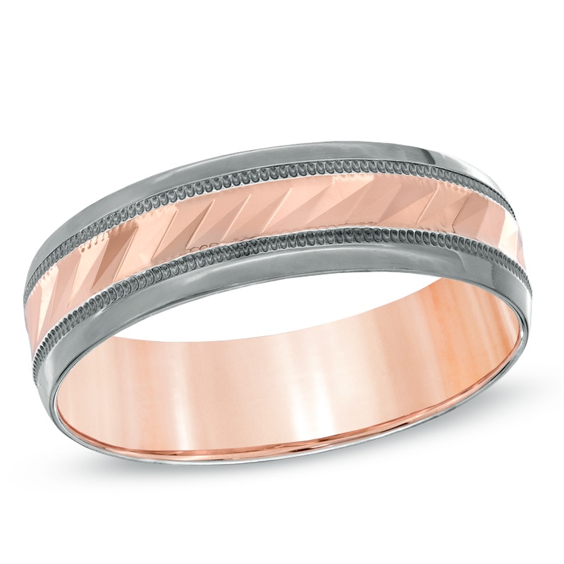 Previously Owned - Men's 6.0mm Comfort Wedding Band in 10K Rose Gold with Charcoal Rhodium