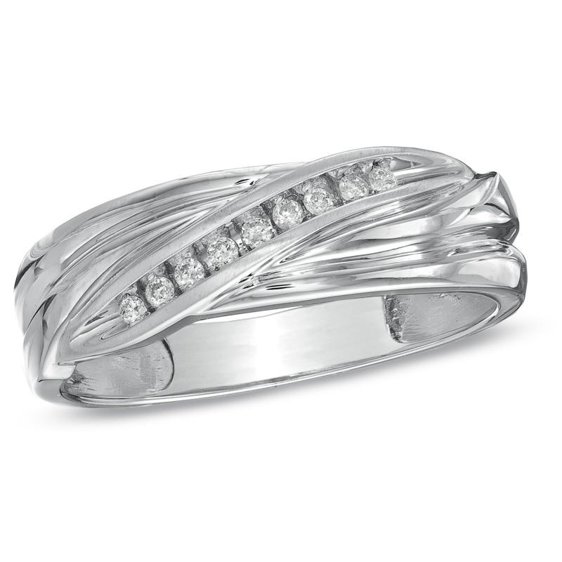 Main Image 1 of Previously Owned - Men's 1/10 CT. T.W. Diamond Wedding Band in 10K White Gold