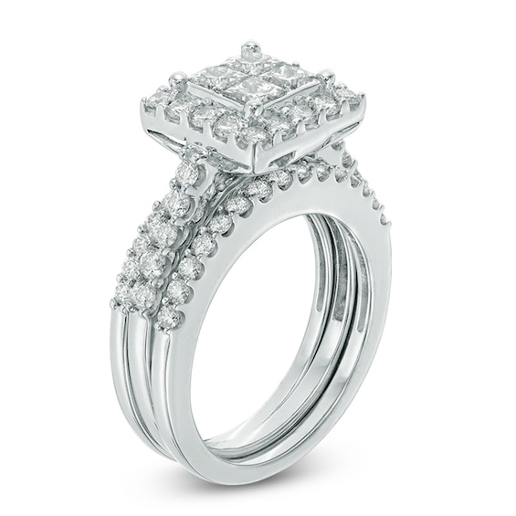 Previously Owned - 2 CT. T.w. Quad Princess-Cut Diamond Framed Three Piece Bridal Set in 14K White Gold