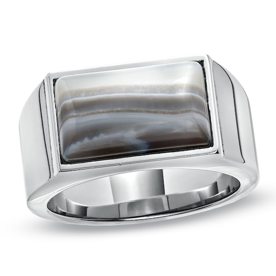 Previously Owned - Rectangular Grey Onyx Ring in Stainless Steel