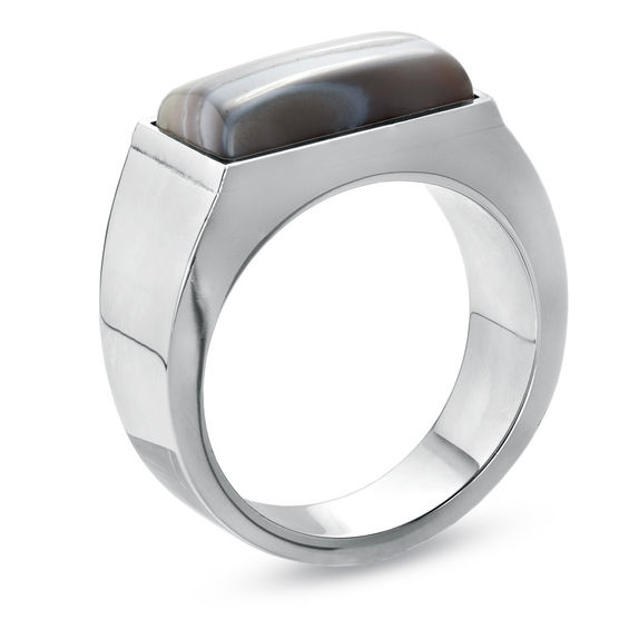 Previously Owned - Rectangular Grey Onyx Ring in Stainless Steel