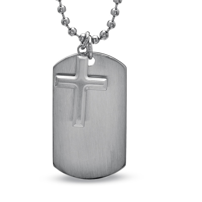 Previously Owned - Men's Cross and Dog Tag Pendant in Stainless Steel ...