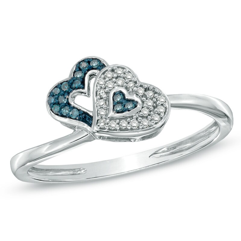 Previously Owned - Enhanced Blue and White Diamond Accent Double Heart Ring in Sterling Silver