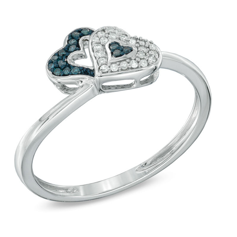 Previously Owned - Enhanced Blue and White Diamond Accent Double Heart Ring in Sterling Silver