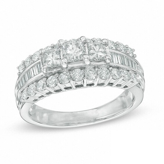 Previously Owned - 1-1/2 CT. T.w. Princess-Cut Diamond Three Stone Engagement Ring in 14K White Gold