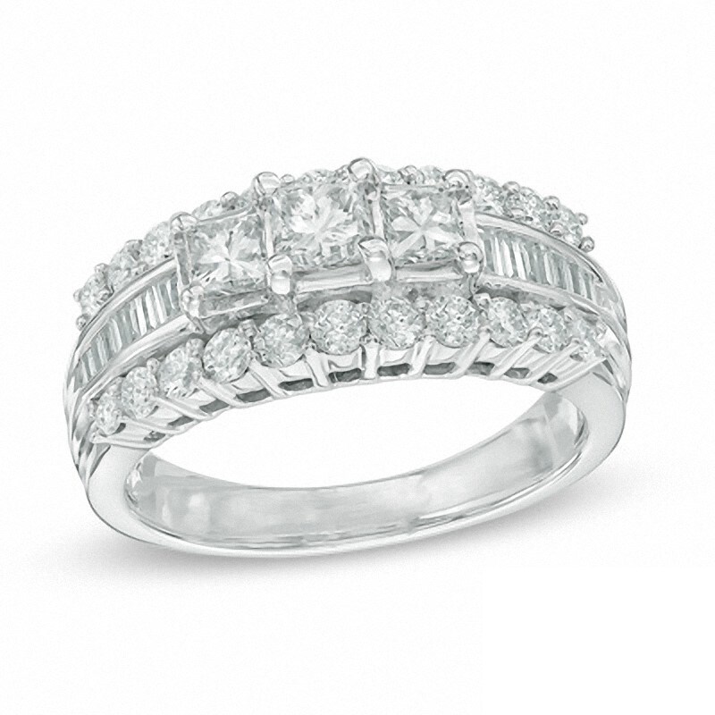 Main Image 1 of Previously Owned - 1-1/2 CT. T.W. Princess-Cut Diamond Three Stone Engagement Ring in 14K White Gold