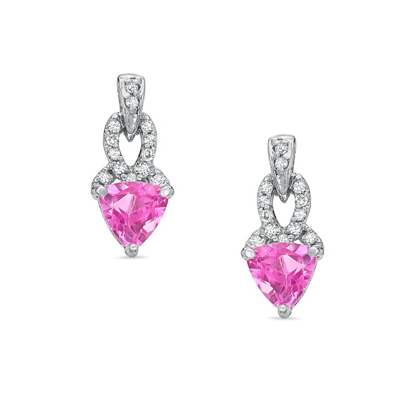 Main Image 1 of Previously Owned - 5.0mm Trillion-Cut Lab-Created Pink Sapphire and Diamond Accent Earrings in Sterling Silver