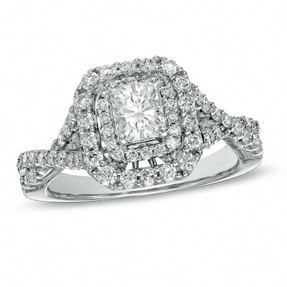 Previously Owned - 1-1/4 CT. T.w. Radiant-Cut Diamond Frame Engagement Ring in 14K White Gold (I/I1)