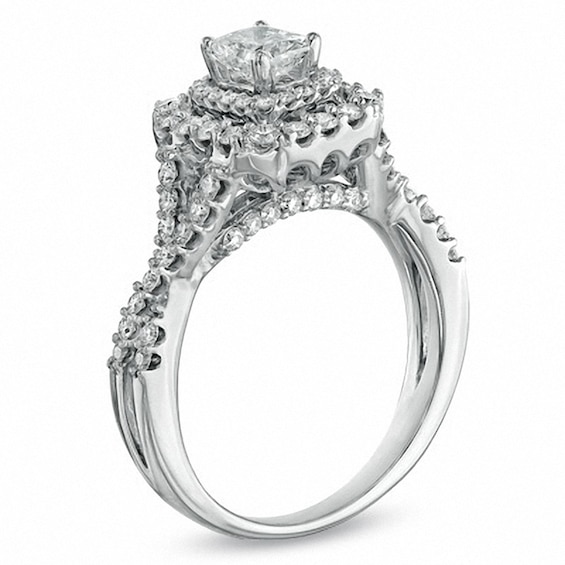 Previously Owned - 1-1/4 CT. T.w. Radiant-Cut Diamond Frame Engagement Ring in 14K White Gold (I/I1)