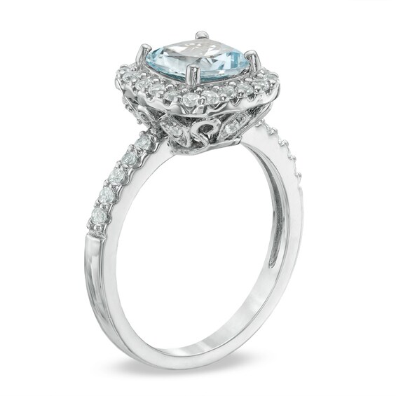 Previously Owned - 7.0mm Cushion-Cut Lab-Created Blue Spinel and White Sapphire Frame Ring in Sterling Silver