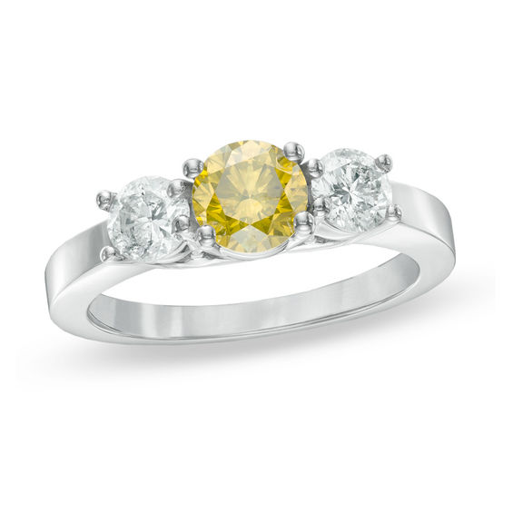 Previously Owned - 1-1/2 CT. T.W. Enhanced Yellow and White Diamond Three Stone Ring in 14K White Gold Previously Owned - 1-1/2 CT. T.W. Enhanced Yellow and White Diamond Three Stone Ring in 14K White Gold