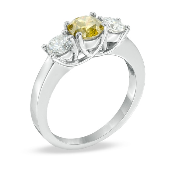 Previously Owned - 1-1/2 CT. T.W. Enhanced Yellow and White Diamond Three Stone Ring in 14K White Gold Previously Owned - 1-1/2 CT. T.W. Enhanced Yellow and White Diamond Three Stone Ring in 14K White Gold