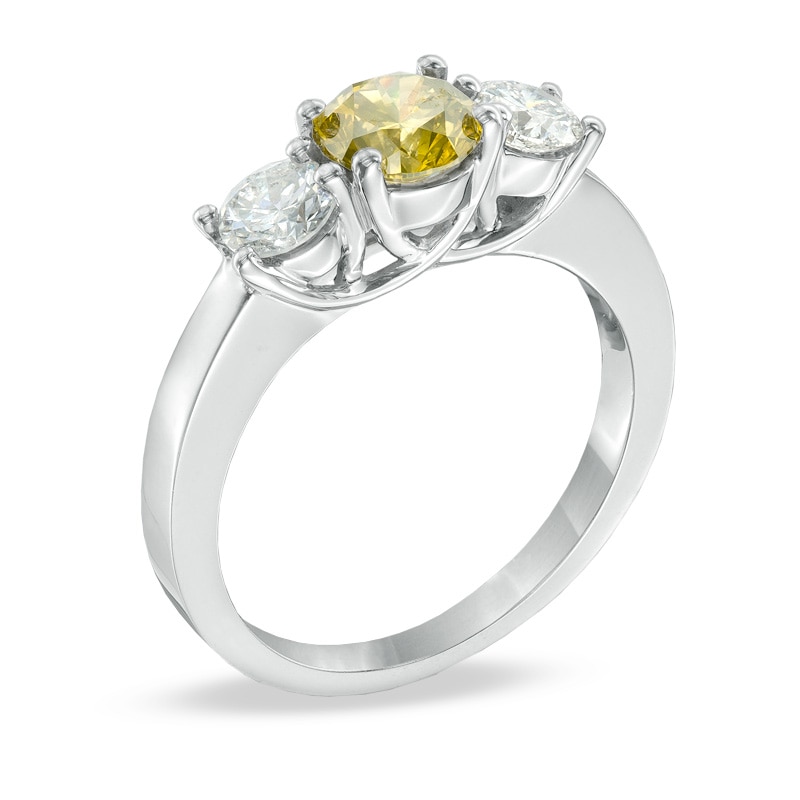 Main Image 2 of Previously Owned - 1-1/2 CT. T.W. Enhanced Yellow and White Diamond Three Stone Ring in 14K White Gold
