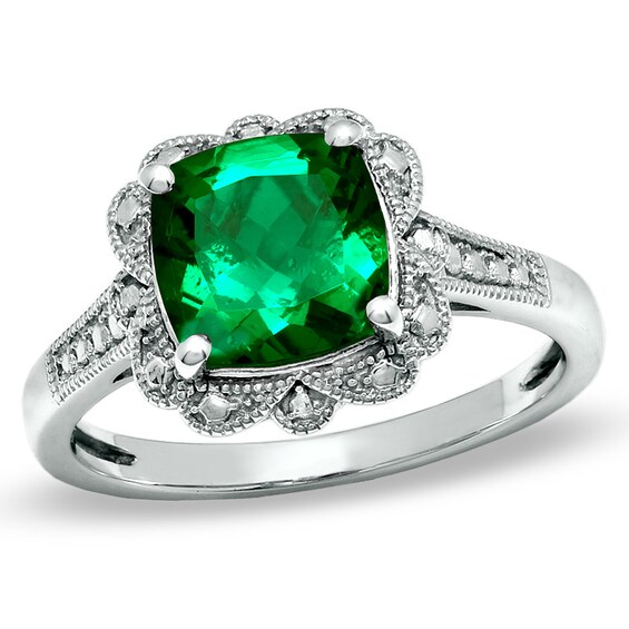 Previously Owned - 8.0mm Cushion-Cut Lab-Created Emerald Vintage-Style Ring in Sterling Silver Previously Owned - 8.0mm Cushion-Cut Lab-Created Emerald Vintage-Style Ring in Sterling Silver
