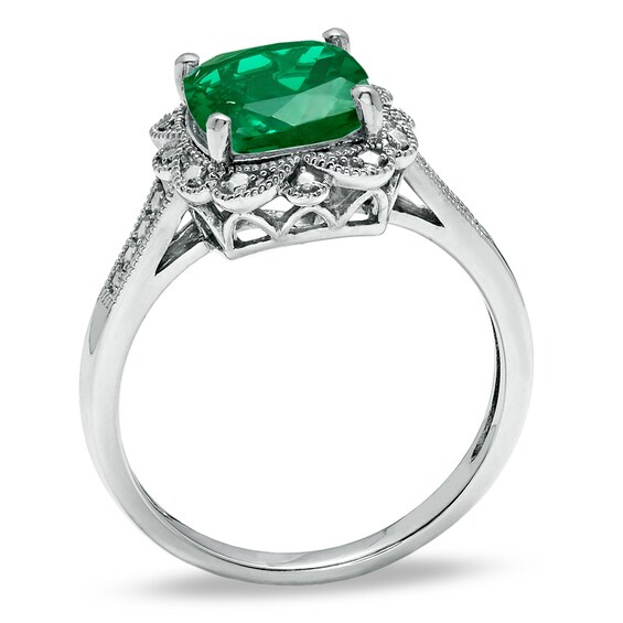 Previously Owned - 8.0mm Cushion-Cut Lab-Created Emerald Vintage-Style Ring in Sterling Silver Previously Owned - 8.0mm Cushion-Cut Lab-Created Emerald Vintage-Style Ring in Sterling Silver