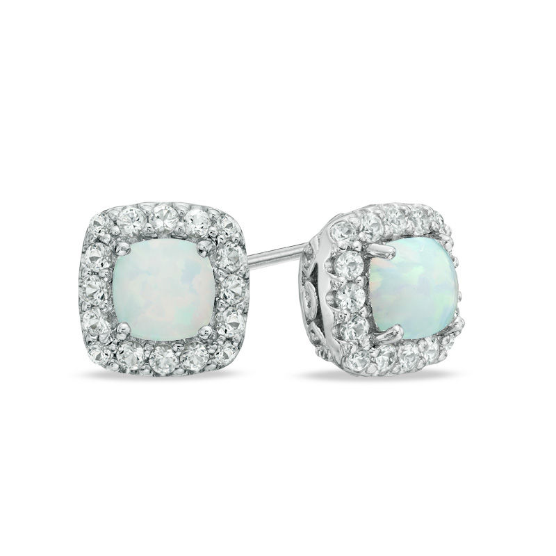 Previously Owned - 5.0mm Cushion-Cut Lab-Created Opal and White Sapphire Frame Stud Earrings in Sterling Silver