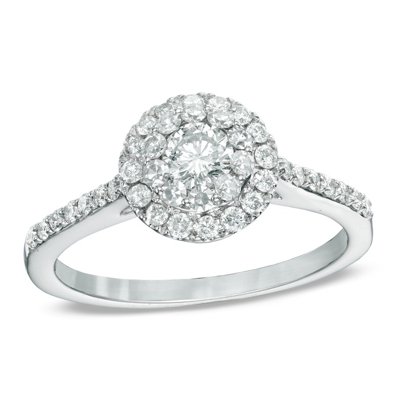 Main Image 1 of Previously Owned - 3/4 CT. T.W. Multi-Diamond Double Frame Engagement Ring in 14K White Gold