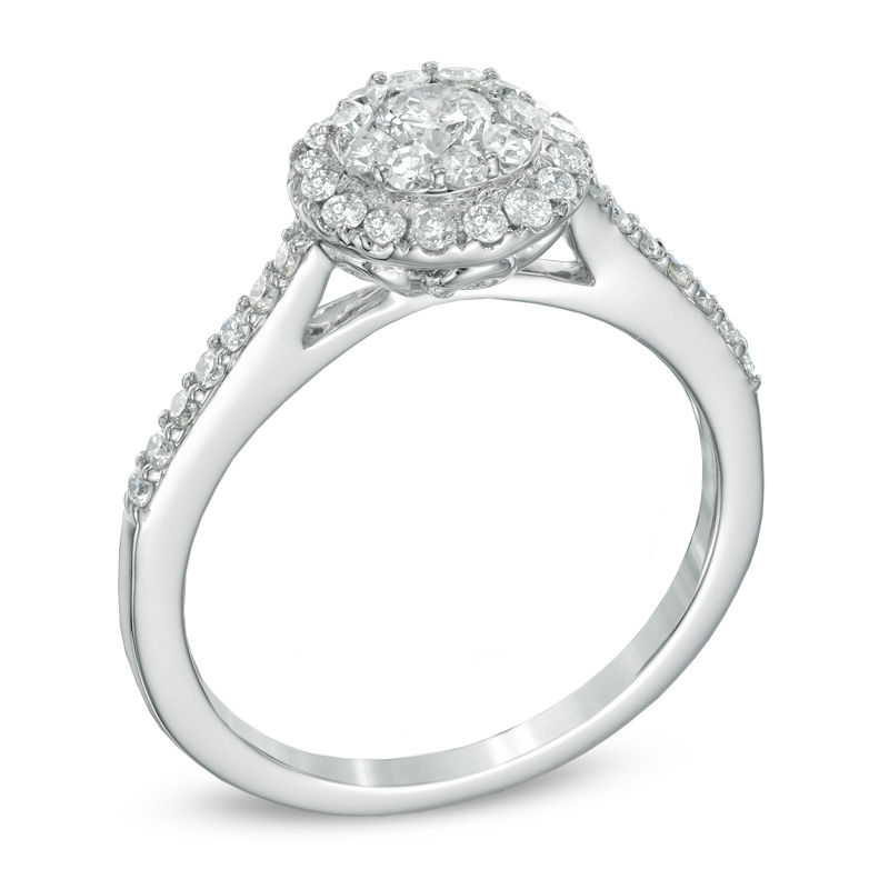 Main Image 2 of Previously Owned - 3/4 CT. T.W. Multi-Diamond Double Frame Engagement Ring in 14K White Gold