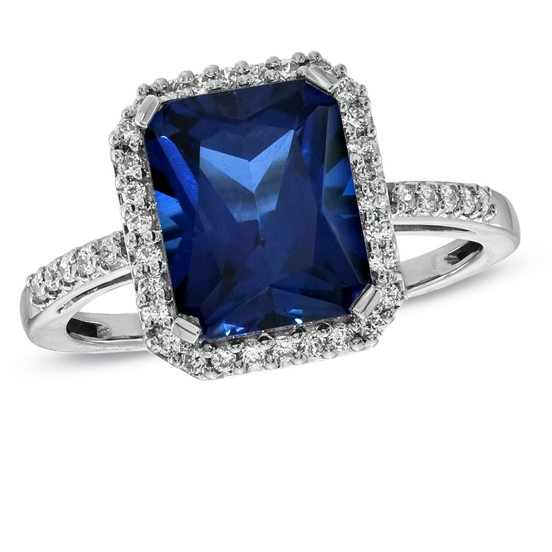 Main Image 1 of Previously Owned - Emerald-Cut Lab-Created Blue and White Sapphire Ring in Sterling Silver