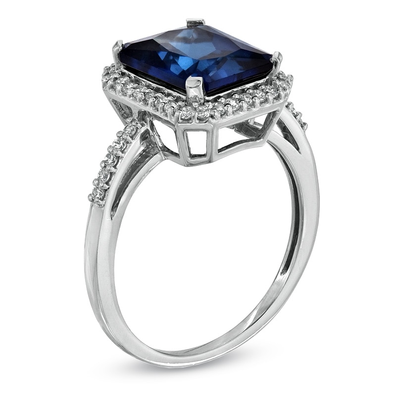Main Image 2 of Previously Owned - Emerald-Cut Lab-Created Blue and White Sapphire Ring in Sterling Silver