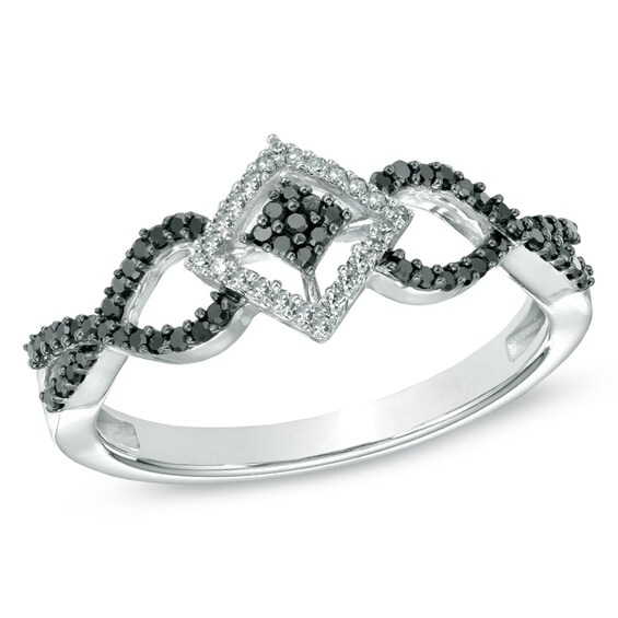 Previously Owned - 1/4 CT. T.w. Enhanced Black and White Diamond Layered Square Ring in Sterling Silver