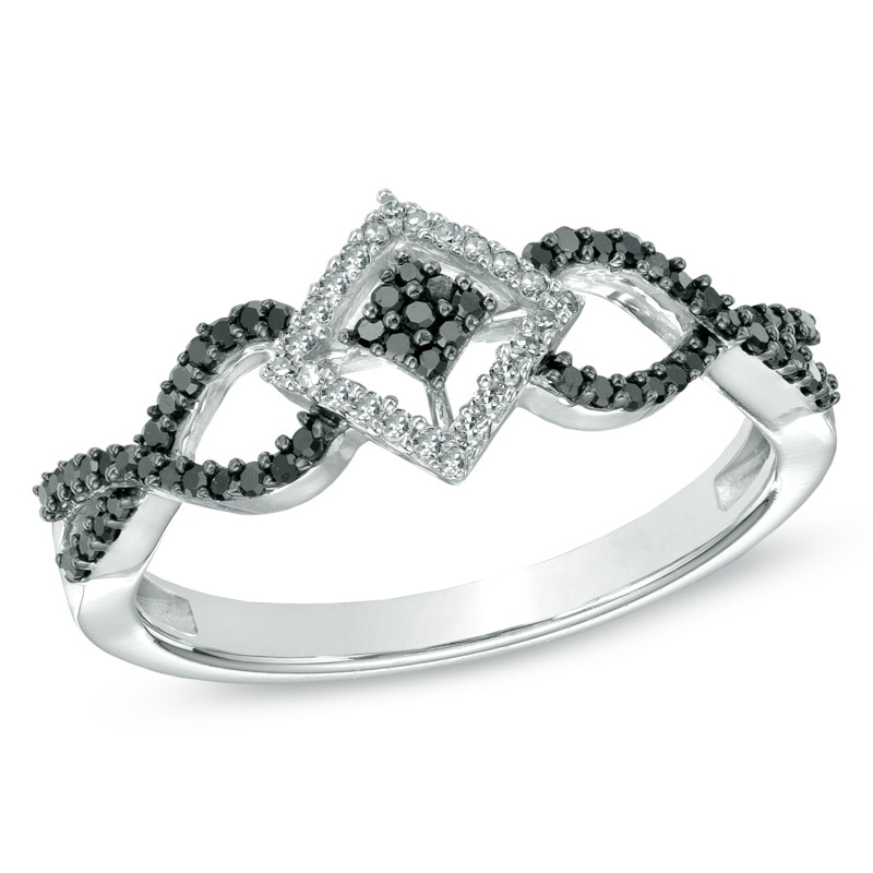Main Image 1 of Previously Owned - 1/4 CT. T.W. Enhanced Black and White Diamond Layered Square Ring in Sterling Silver
