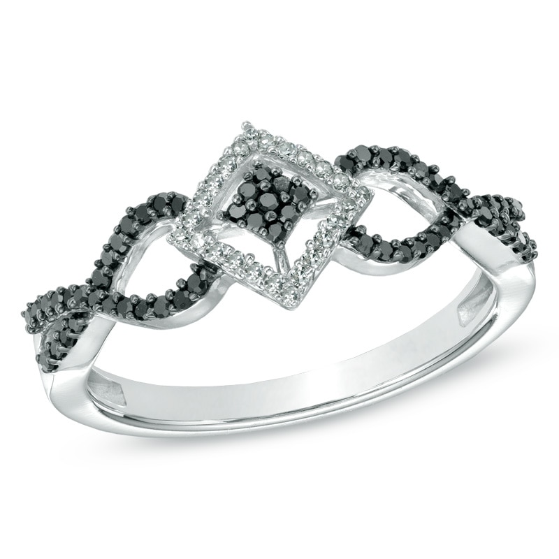 Previously Owned - 1/4 CT. T.W. Enhanced Black and White Diamond Layered Square Ring in Sterling Silver