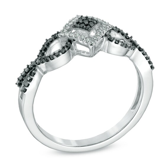 Previously Owned - 1/4 CT. T.w. Enhanced Black and White Diamond Layered Square Ring in Sterling Silver
