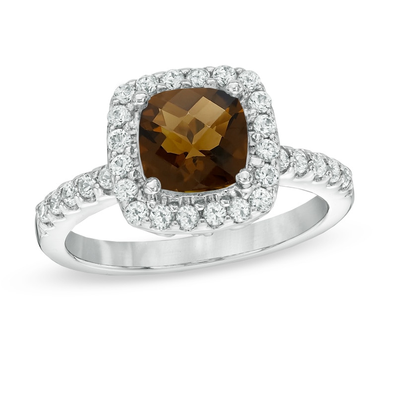 Previously Owned - 7.0mm Cushion-Cut Smoky Quartz and Lab-Created White Sapphire Frame Ring in Sterling Silver