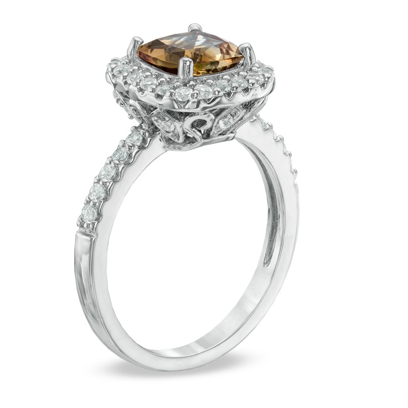 Previously Owned - 7.0mm Cushion-Cut Smoky Quartz and Lab-Created White Sapphire Frame Ring in Sterling Silver