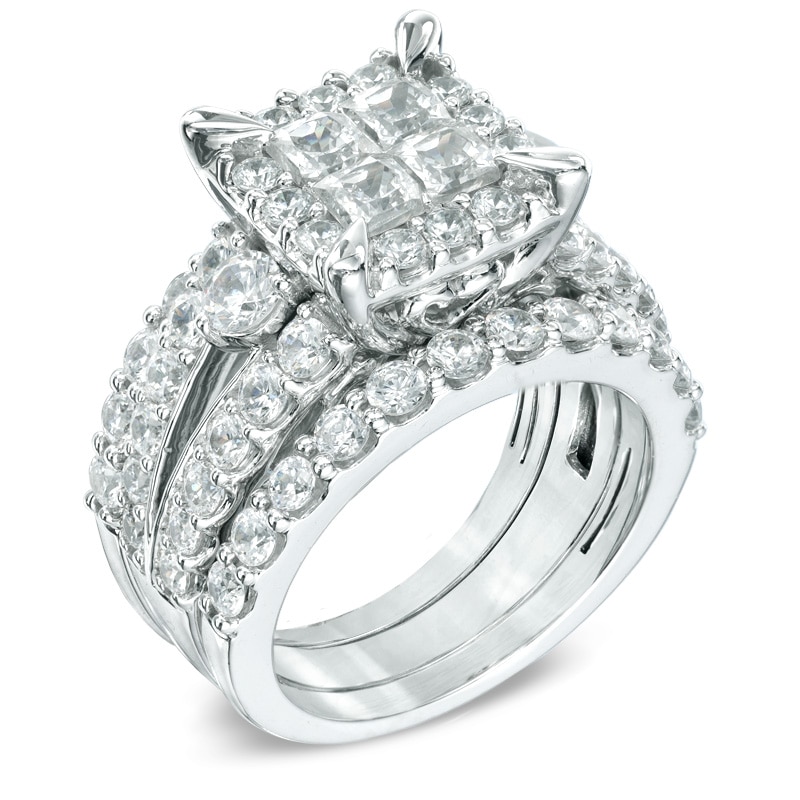 Main Image 2 of Previously Owned - 4 CT. T.W. Quad Princess-Cut Diamond Frame Bridal Set in 14K White Gold