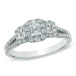 Pre Owned Clearance Zales T W Certified Emerald Cut Diamond Three Stone Frame Ring