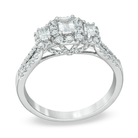 Previously Owned - 1 CT. T.w. Emerald-Cut Diamond Three Stone Frame Ring in 14K White Gold (I/I1)