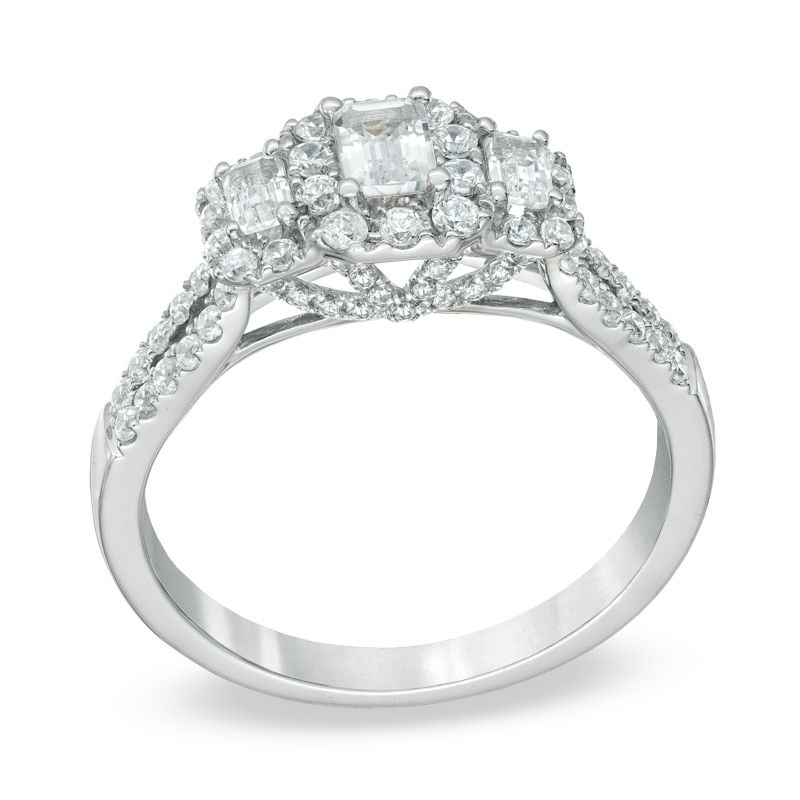 Main Image 2 of Previously Owned - 1 CT. T.W. Emerald-Cut Diamond Three Stone Frame Ring in 14K White Gold (I/I1)