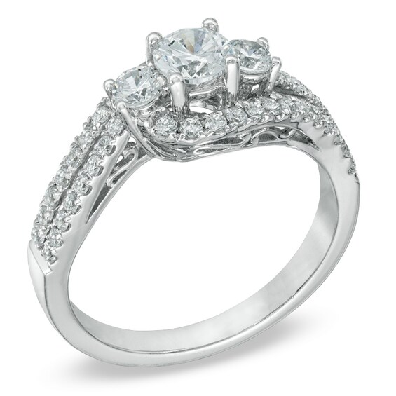 Previously Owned - 1 CT. T.w. Diamond Three Stone Swirl Ring in 14K White Gold (I/I1)